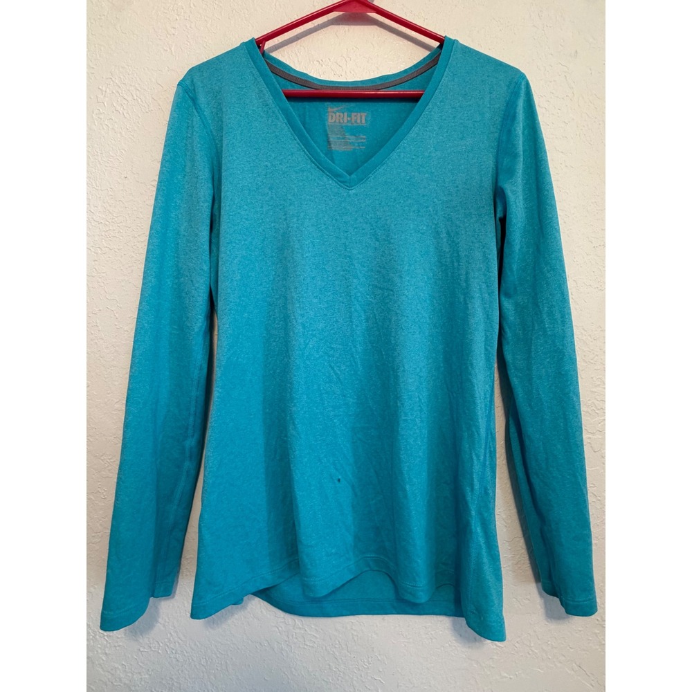 Nike Dri-FIT Womens Long Sleeve V-Neck Training Shirt Turquoise Heather Medium